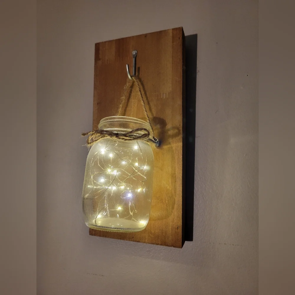 Wooden rustic jar fairy light sconce decor set x2 battery powered
